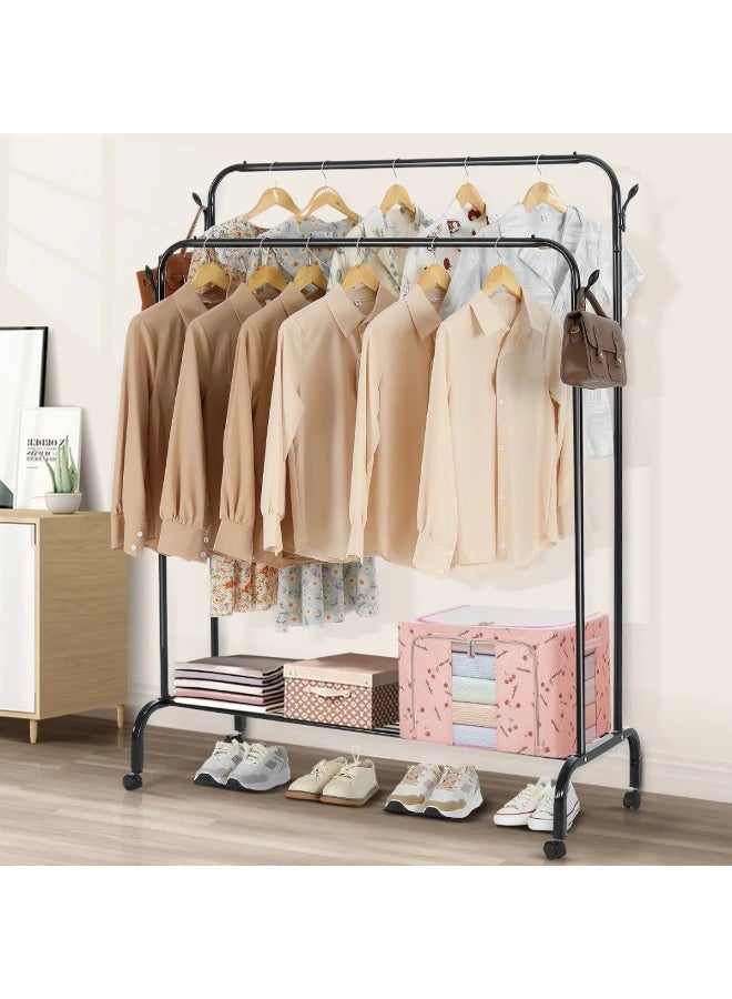 Happy Home Heavy-Duty Garment Rack with Wheels and Double Hangers, 35Kg Load Capacity, Side Hooks and Bottom Shelf for Shoes & Bags, Rust-Resistant Sturdy Metal Design, Perfect for Bedroom, Living Room, Hallway, or Balcony, Ideal for Clothes Organization and Drying, Dimensions: W 102 cm × D 39.8 cm × H 122–142 cm - Image 2